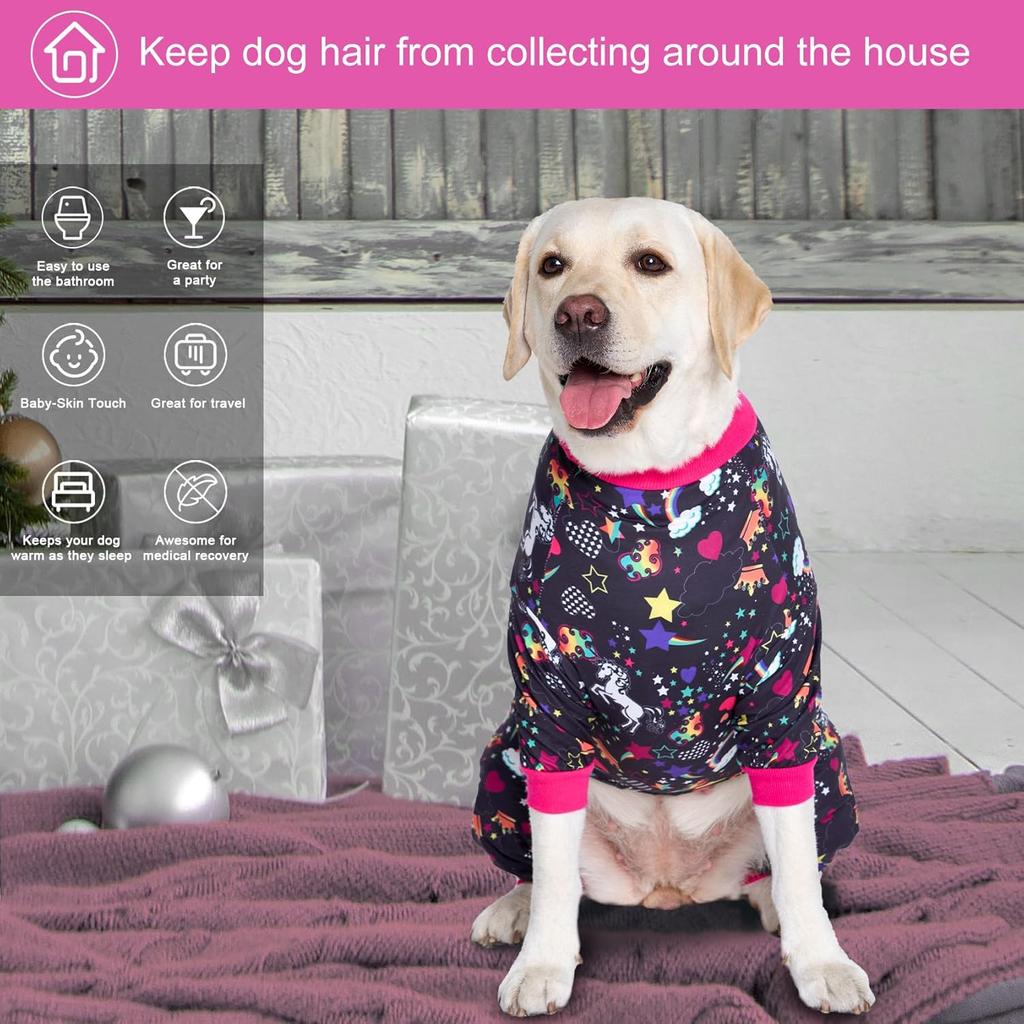 LovinPet Large Dog Pajamas Pitbull PJS: Wound Care/Post Surgery Dog Clothes, Onesies for Dogs, Unicorn Rainbows Black Print, Lightweight Stretchy