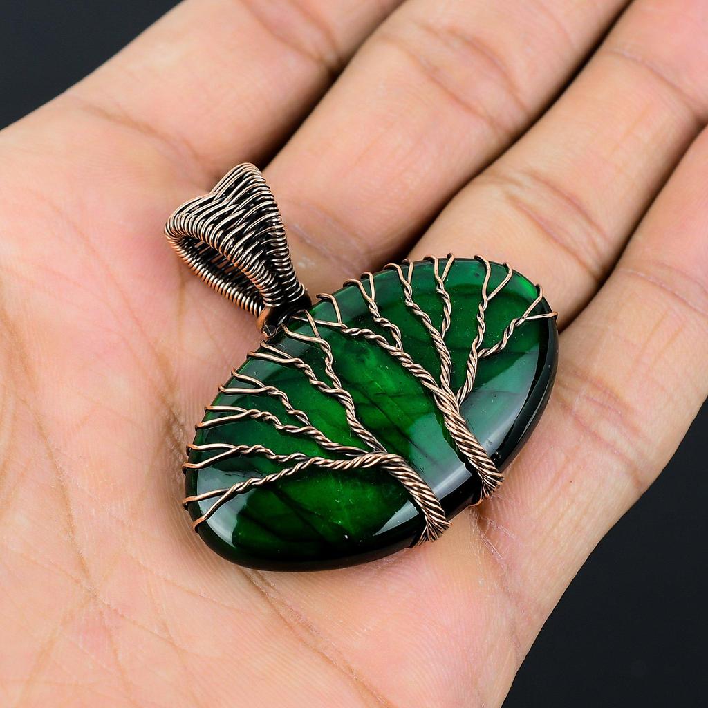 Grüner Flash-Labradorit-Edelstein, reiner Kupferdraht, umwickelt, handgefertigter Anhänger-Schmuck