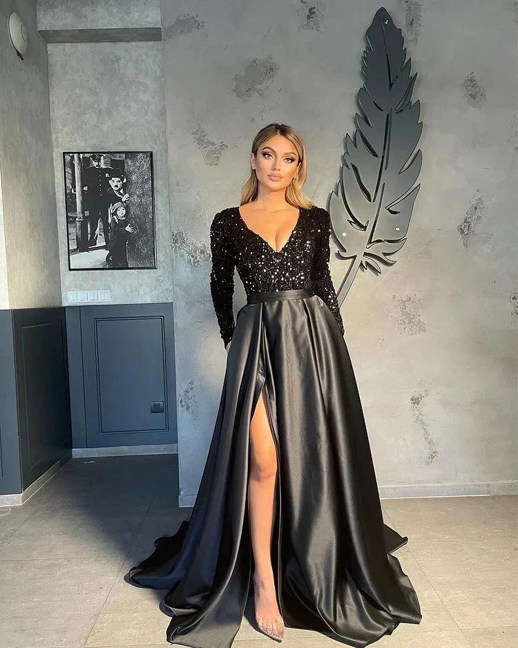 Elegant One-Shoulder Long-Sleeve V-Neck Sequin Slit Evening Gown
