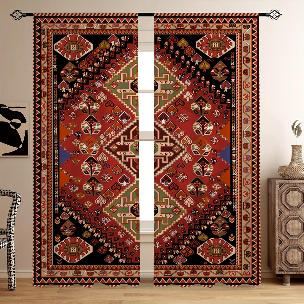 2 Stück, Böhmische Blumen Vögel Landschaft, Stangendurchzug, Digital bedruckte Vorhänge, Polyestermaterial, Geeignet für Wohnzimmer Schlafzimmer