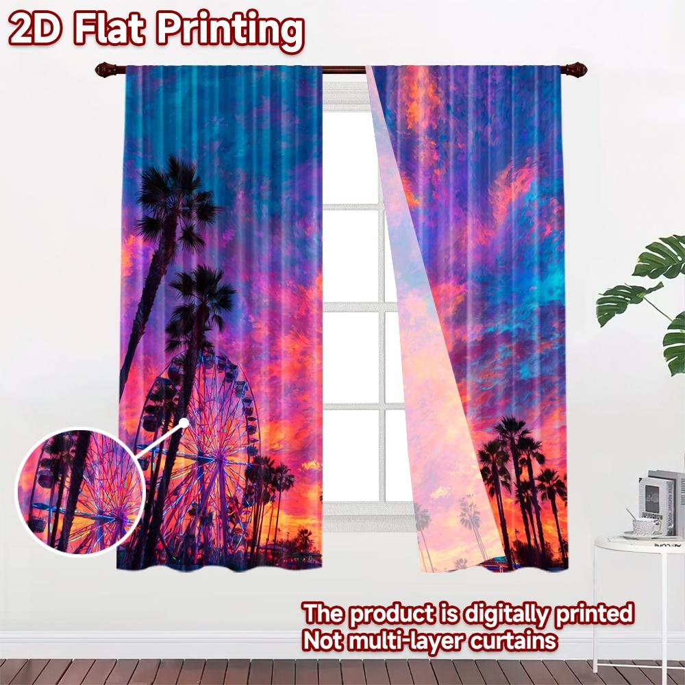 2D flat printing 2pcs Window Curtains Colorful Ferris Wheel Palm Trees Sunset Digital Printed Polyester Drapes Birthday Party