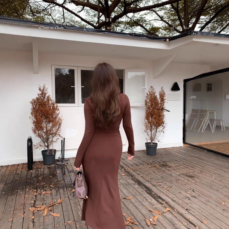 Elegant Off-Shoulder Long Sleeve Midi Dress Women Fall 2025 Slim Fit Bodycon Fishtail Skirt With Cut-Out Detail