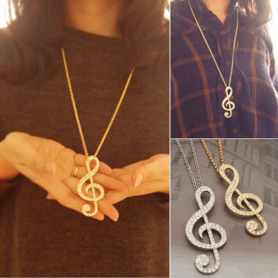 Fashion Women Fully Rhinestone Music Note Pendant Long Chain Sweater Necklace