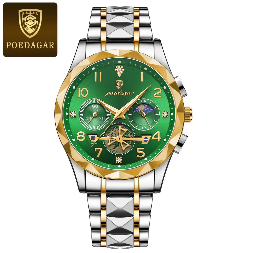 POEDAGAR Luxusuhr für Mann Sport Edelstahl Herren Quarzuhr Wasserdicht Leuchtend Chronograph Herrenuhren