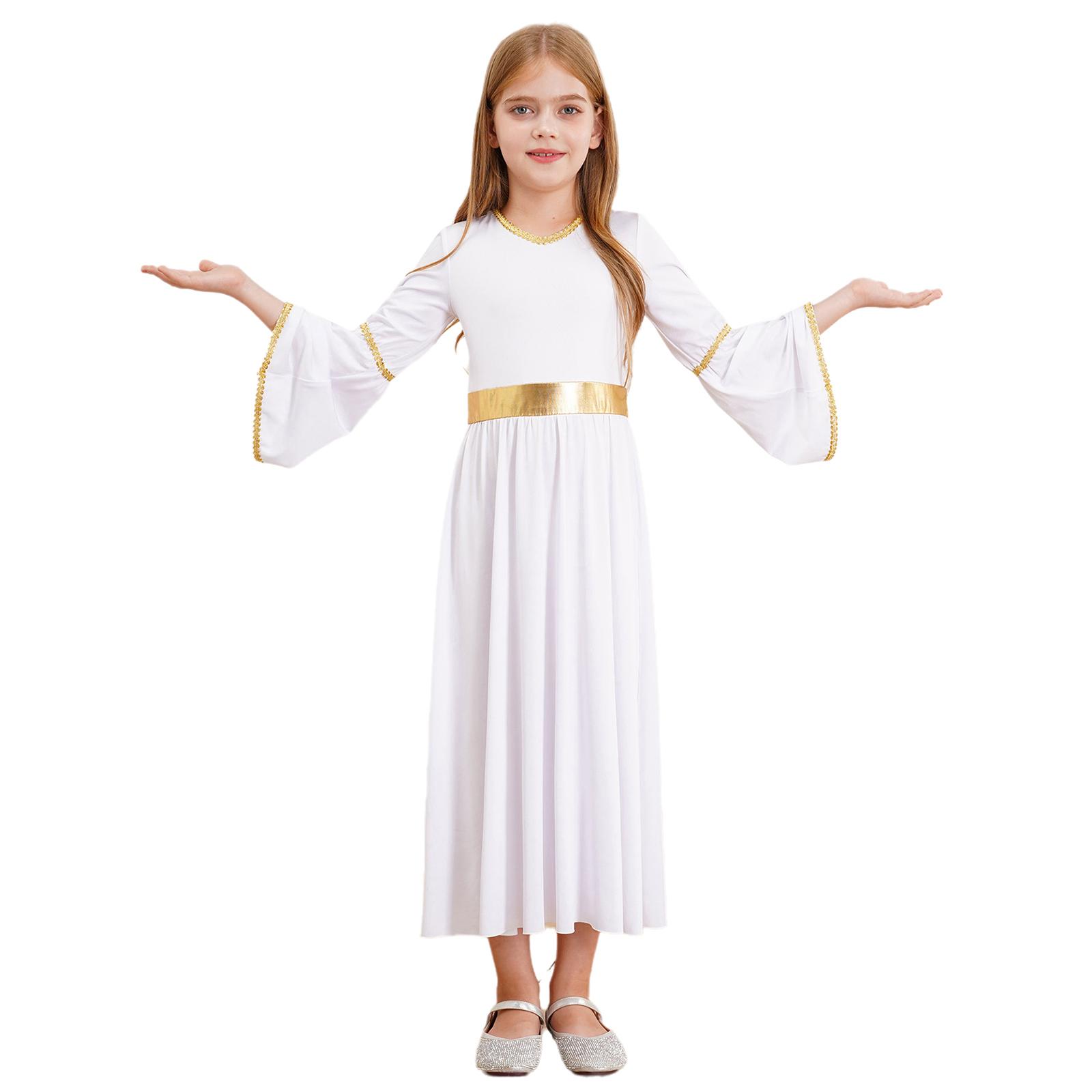 4 Stuks Meisjes Engel Kostuum Cosplay Outfits Wit Lange Mouwen Jurk met Veer Vleugels Haarband Set voor Halloween Optreden 6 white