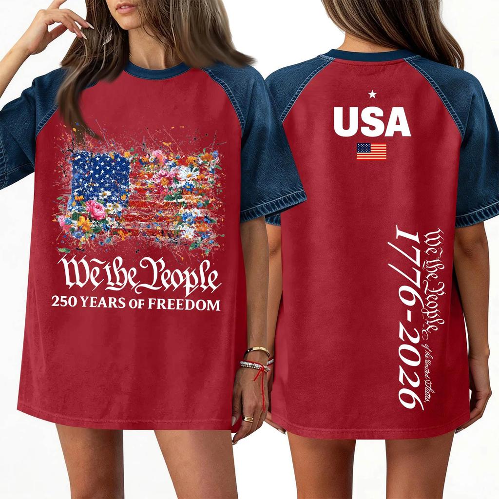 Women's Denim Patchwork Top,  Casual Short-sleeved Comfortable T-shirt,  Fashionable For Spring And Summer.