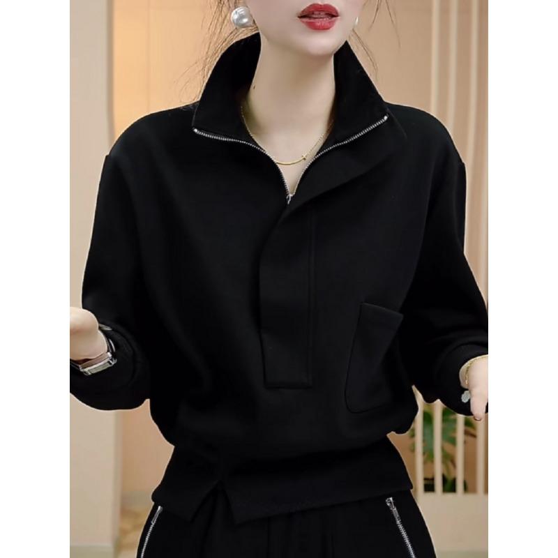 Fashionable Stand Pullover Plus Velvet Sweatshirt for Women 2025 Autumn New Black Loose Half-zip Short Top