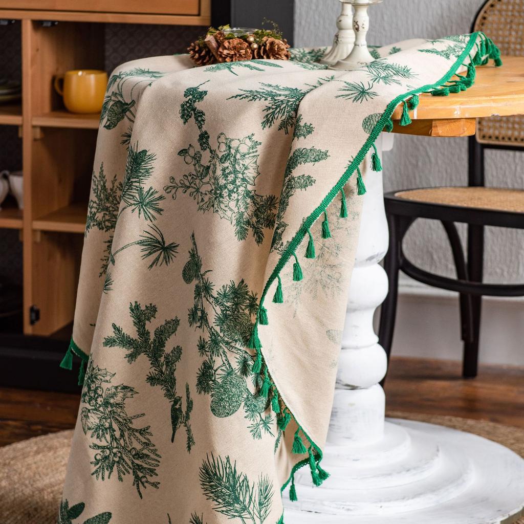 Tablecloth Green Pine Branch Printed Dining Table Cloth Korean Cotton and Linen Coffee Table Cloth Round