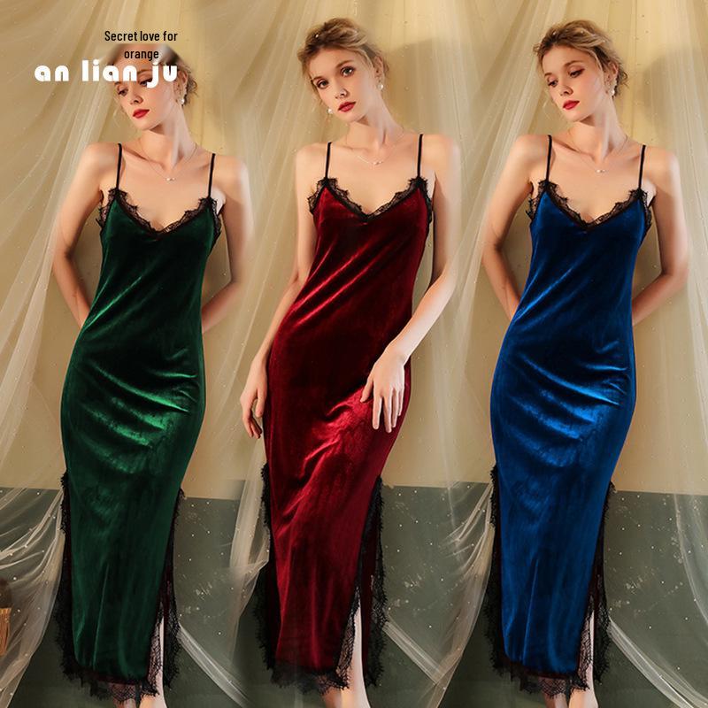 Fiyun Cămașă de noapte sexy din catifea cu dantelă cu decolteu adânc în V și set de pijama