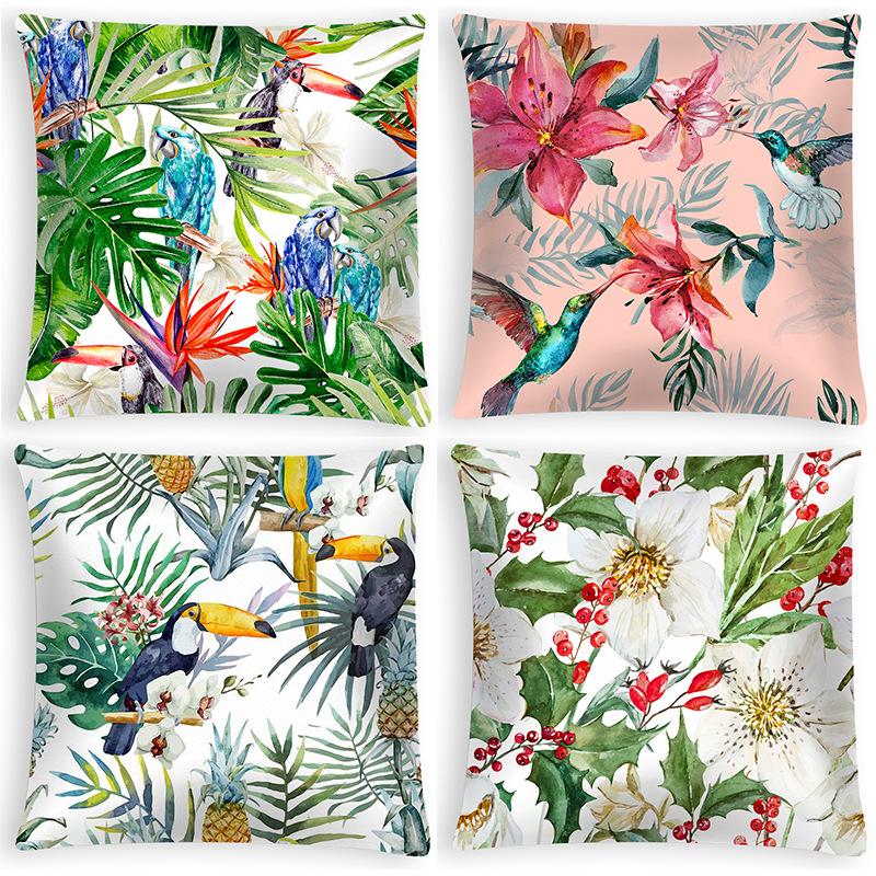 Plant Leaf Pillowcase Tropical Leaves Flowers and Birds Printed Peach Leather Velvet Fabric Sofa Bedroom Pillowcase
