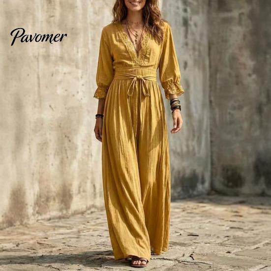 Bohemian Fall Dress Women V-Neck Lace for Fall, 3/4 Sleeves Maxi with Long Sleeve Belt, Solid Color Loose Casual Vacation Daily Wear