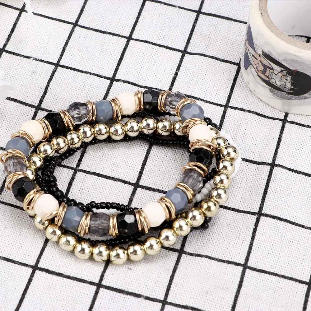 Women Silver Multi-layer Elastic Bangle Beaded Bracelet Boho