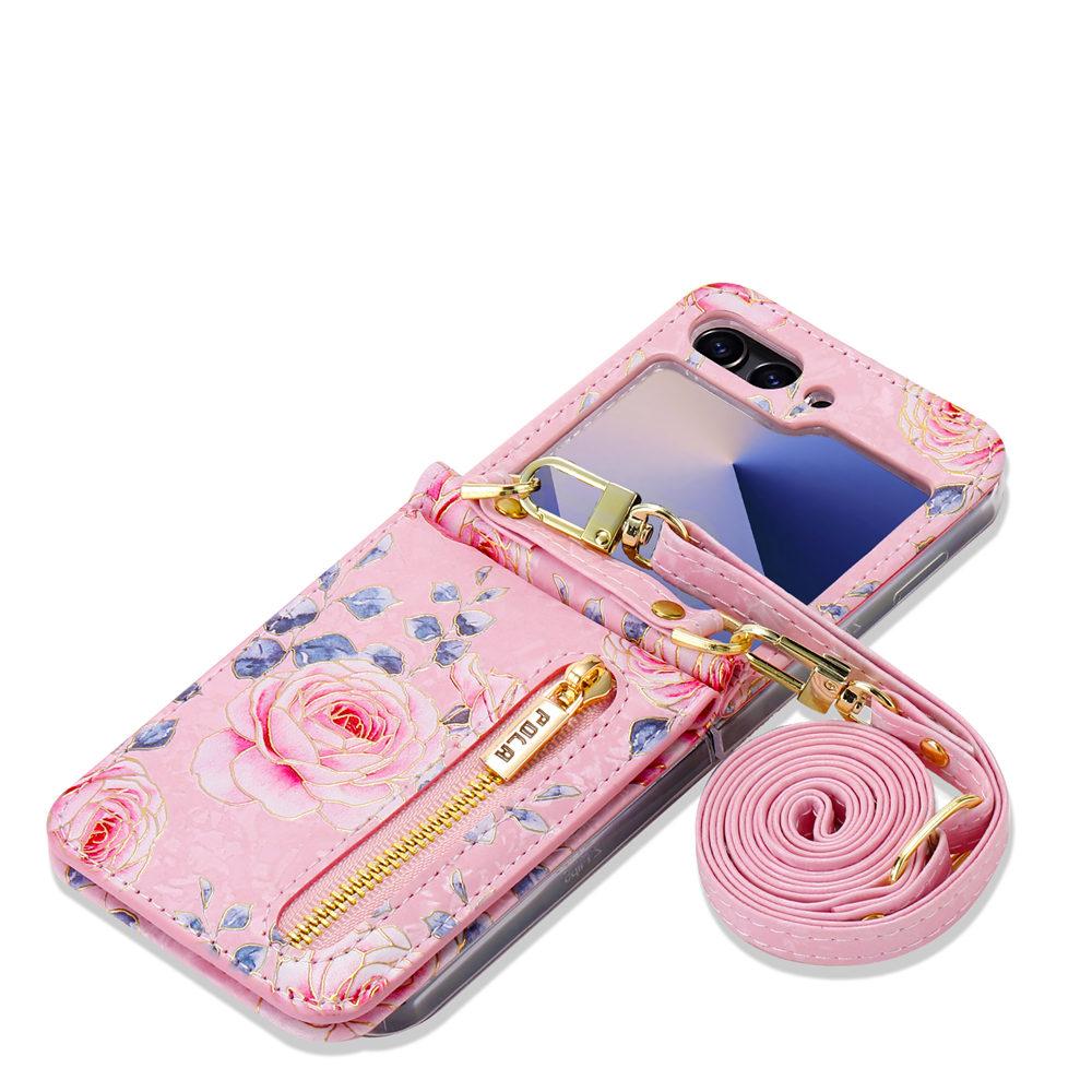 Zipper Crossbody Wallet Cards Slot Flower Case For Samsung Galaxy Z Flip 7 6 Flip 5 4 3 Leather Long Lanyard Strap Cover