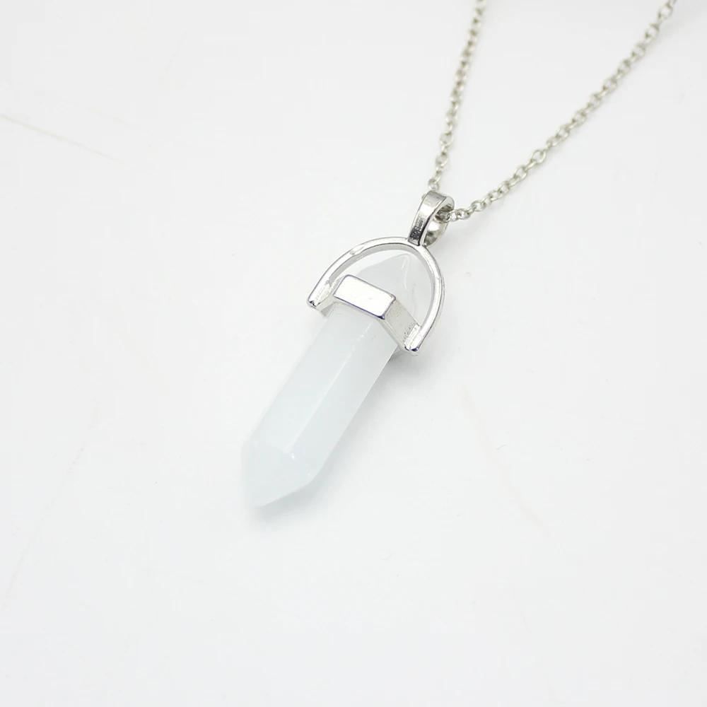 Hexagonal Column Pointed Reiki Chakra Natural Stone Pendant Necklace Women Girl Gift18inch Chain Lapis Opal Chunky Jewelry