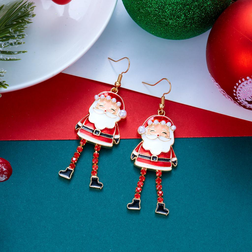 Cute Enamel Santa Claus Dangle Earring For Women Exquisite Imitation Pearl Red Zircon Long Leg Design Drop Earring Party Jewelry