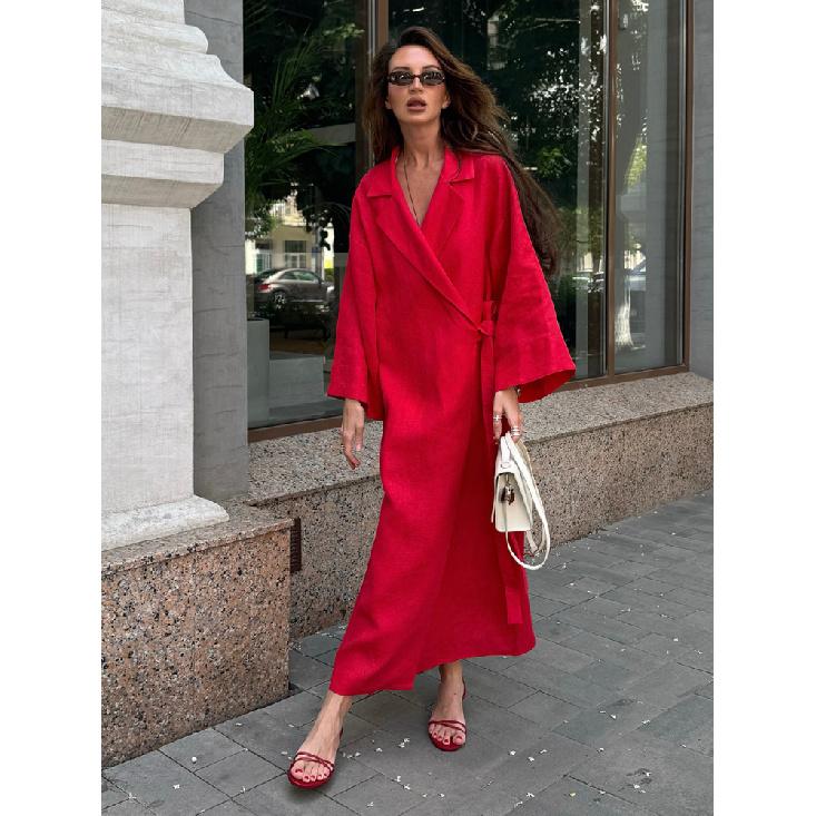 Sommer Neues Damen Stilvolles Rotes Leinen Wickel Maxi Kleid Revers Kimono Ärmel Gürtel Lange Robe Elegantes Schickes Kleid