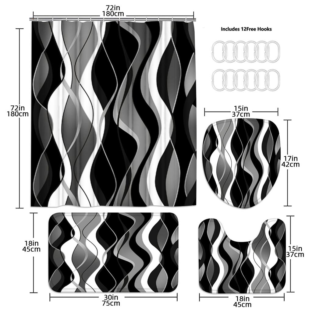 4pcs Stripe Pattern Waterproof Shower Curtain With 12 Hooks Non-Slip Bathroom Rug Toilet U-Shape Mat Toilet Lid Cover Pad