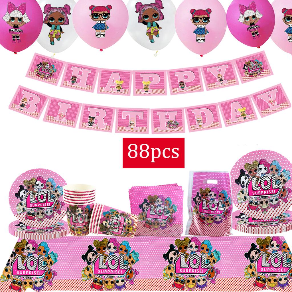 Surprise Doll Birthday Theme Decorations Backdrop Baby Shower Suppl Lol Party Cake Topper Balloon Paper Banner Plates Cups for Round Sensory Durable