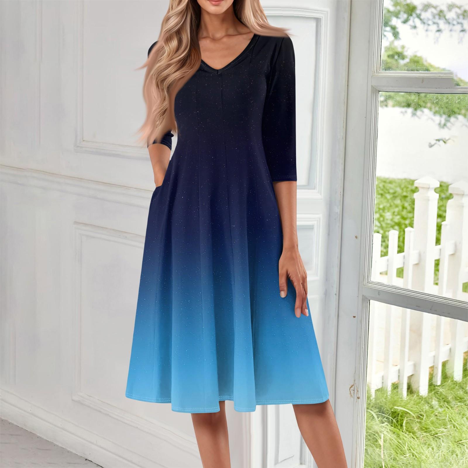 

Women s Casual Fashion V Neck Three Quarter Sleeve Print Midi Dress L