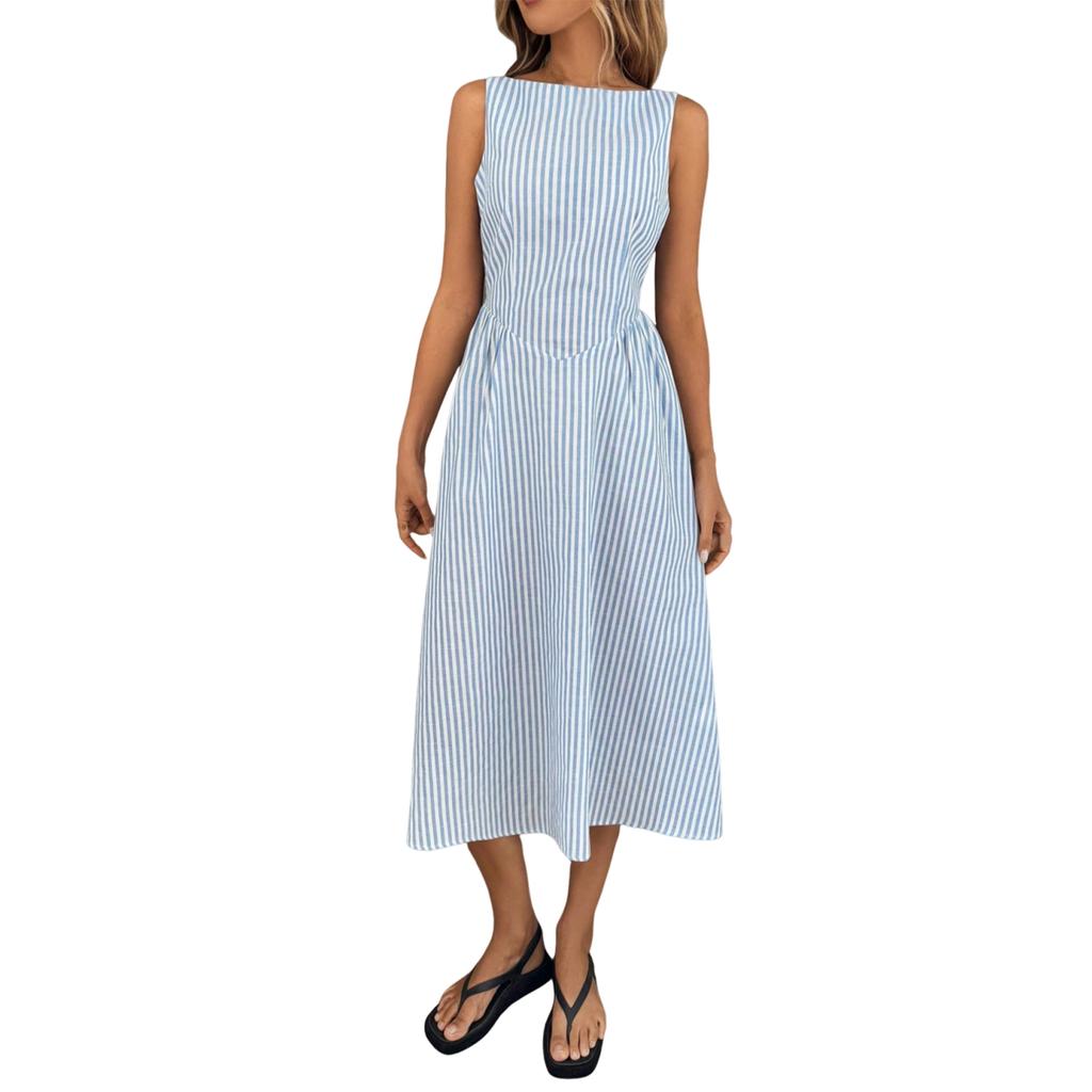 Abito Lungo a Righe Verticali da Donna, Casual Europeo e Americano Senza Maniche con Tasche, Abito alla Moda
