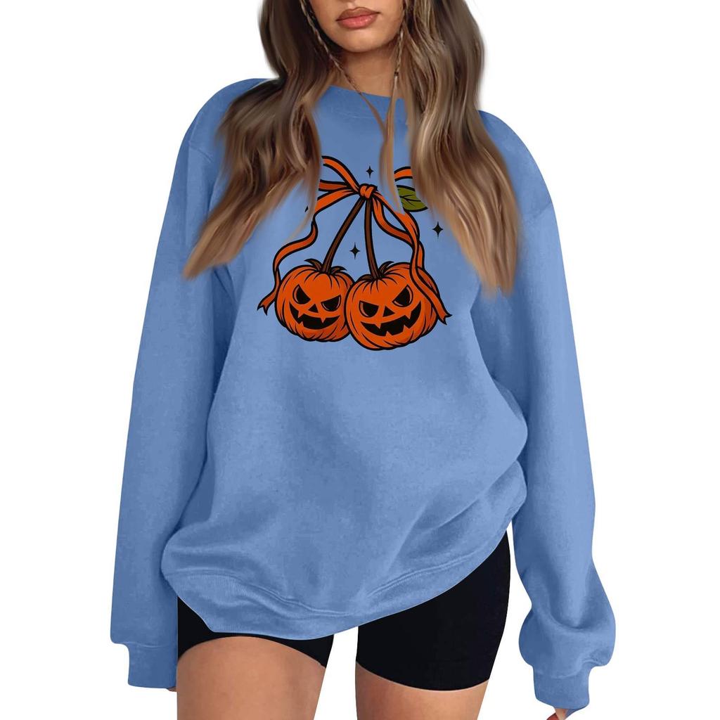Women's Comfortable Round Neck Long Sleeve Sweatshirt Loose Fit Casual with Color and Halloween Print