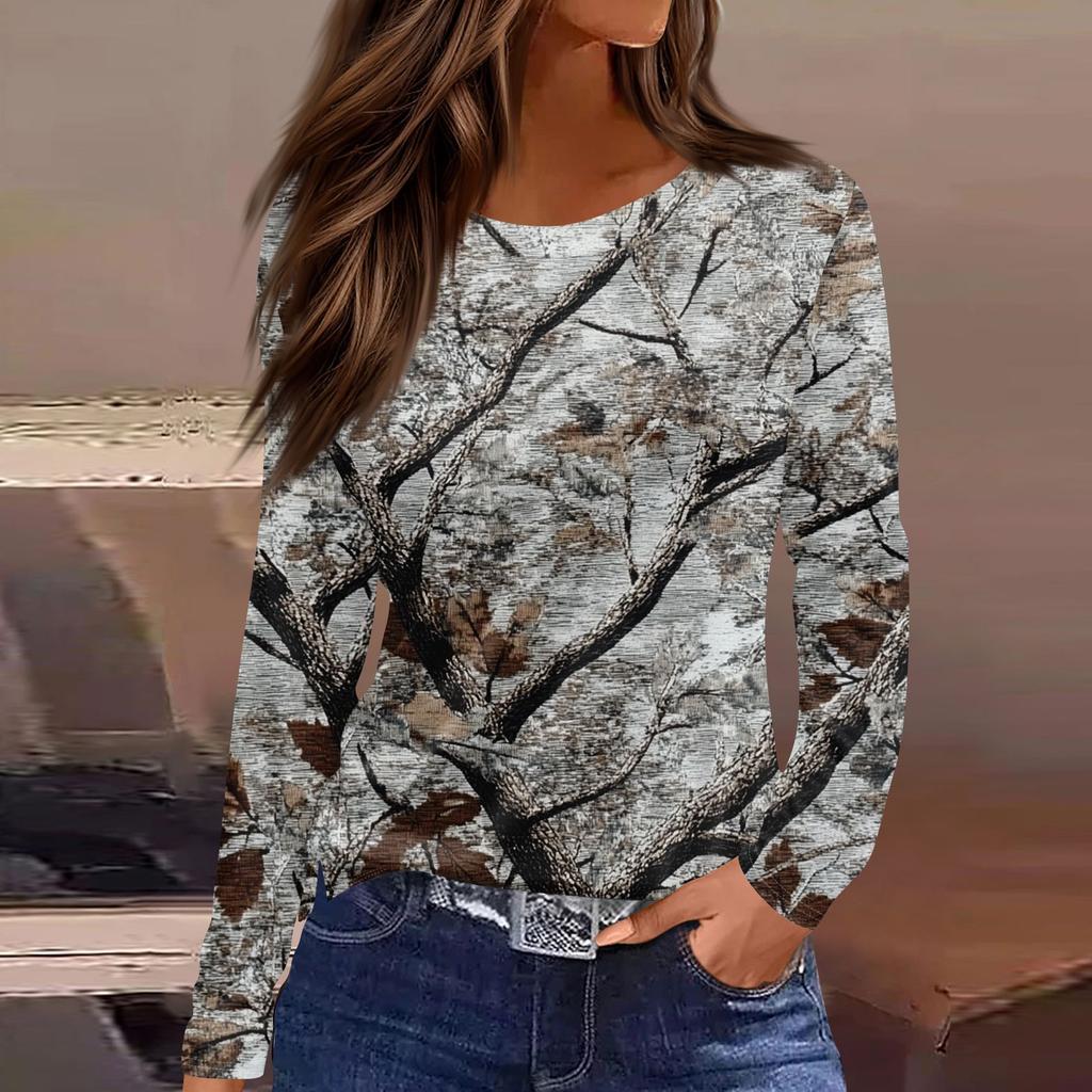 Damenmode Saumschlitz Lässig Totblatt-Print Rundhals Langarm Oberteil