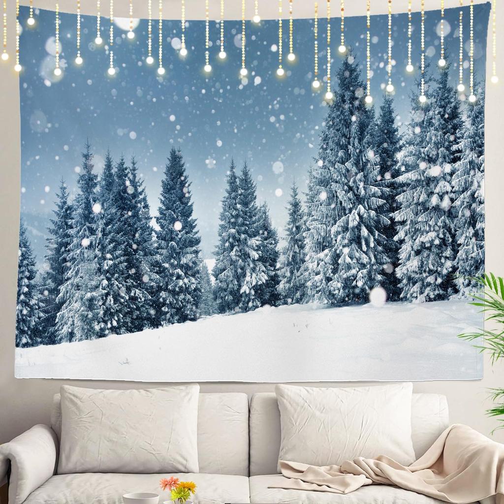 White Snow Wall Tapestry, Grey Wall Hanging Large Tapestry Decoration Polyester Fiber White Hem Around for Dorm Room Bedroom