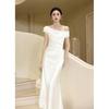 Light luxury one-word shoulder light gold evening dress, annual meeting host engagement dress, bridal toast dress, morning gown skirt