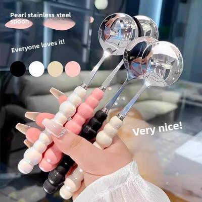 Pearl Stainless Steel Spoon with Imitation Ceramic Handle, Household Dining Spoon, High-temperature Resistant Round Spoon Spoon