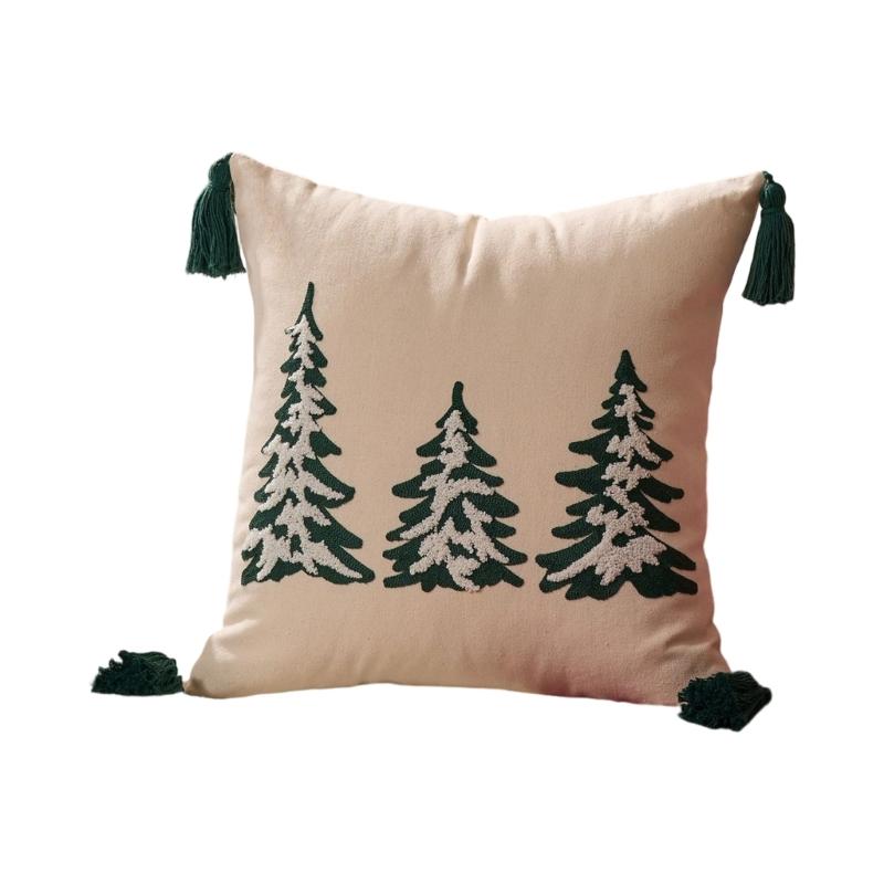 Towel Embroidery Holiday Pillowcase Christmas Tree Designs Breathable Cotton Linen Bedding Decoration