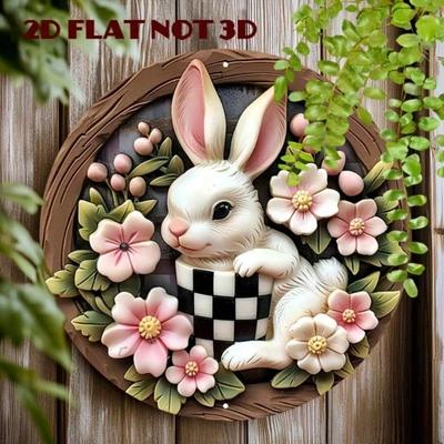 2D Osterhase Aluminium Türschild 20x20 cm Niedlicher Weißer Hase Karomuster Kranz Festliche Frühling Wanddeko Haus Raum