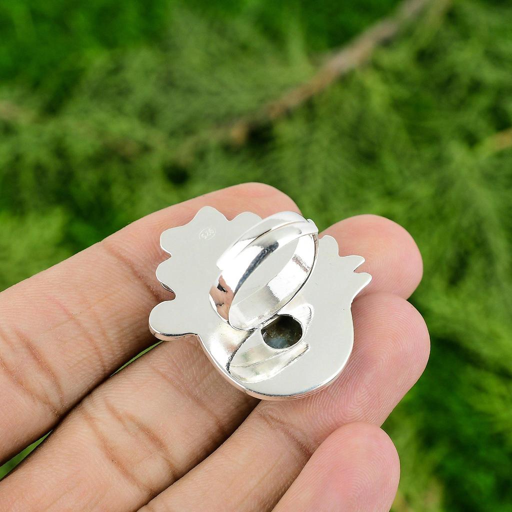 925 Sterling Silver Round Larimar Gemstone Flower Bezel Birthday Ring Jewelry