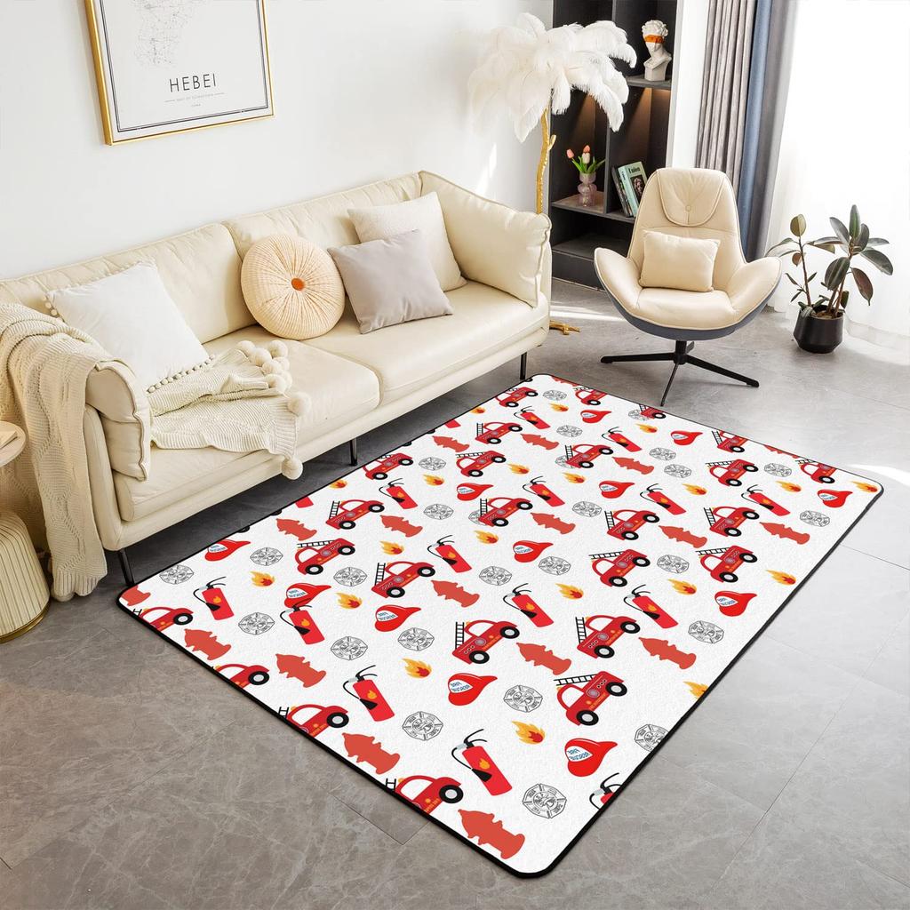 Firefighting Truck Area Rug, Fire Truck Carpet for Teen Boys, Cartoon Emergency Rescue Vehicle Floor Mat for Living Room Bedside