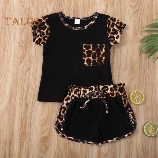 2Pcs Leopard Print Outfit for Baby Girl Summer Short Sleeve Pocket Round Neck Top Shorts Cute Sisters Matching Suit for Daily Wear Photography Parties