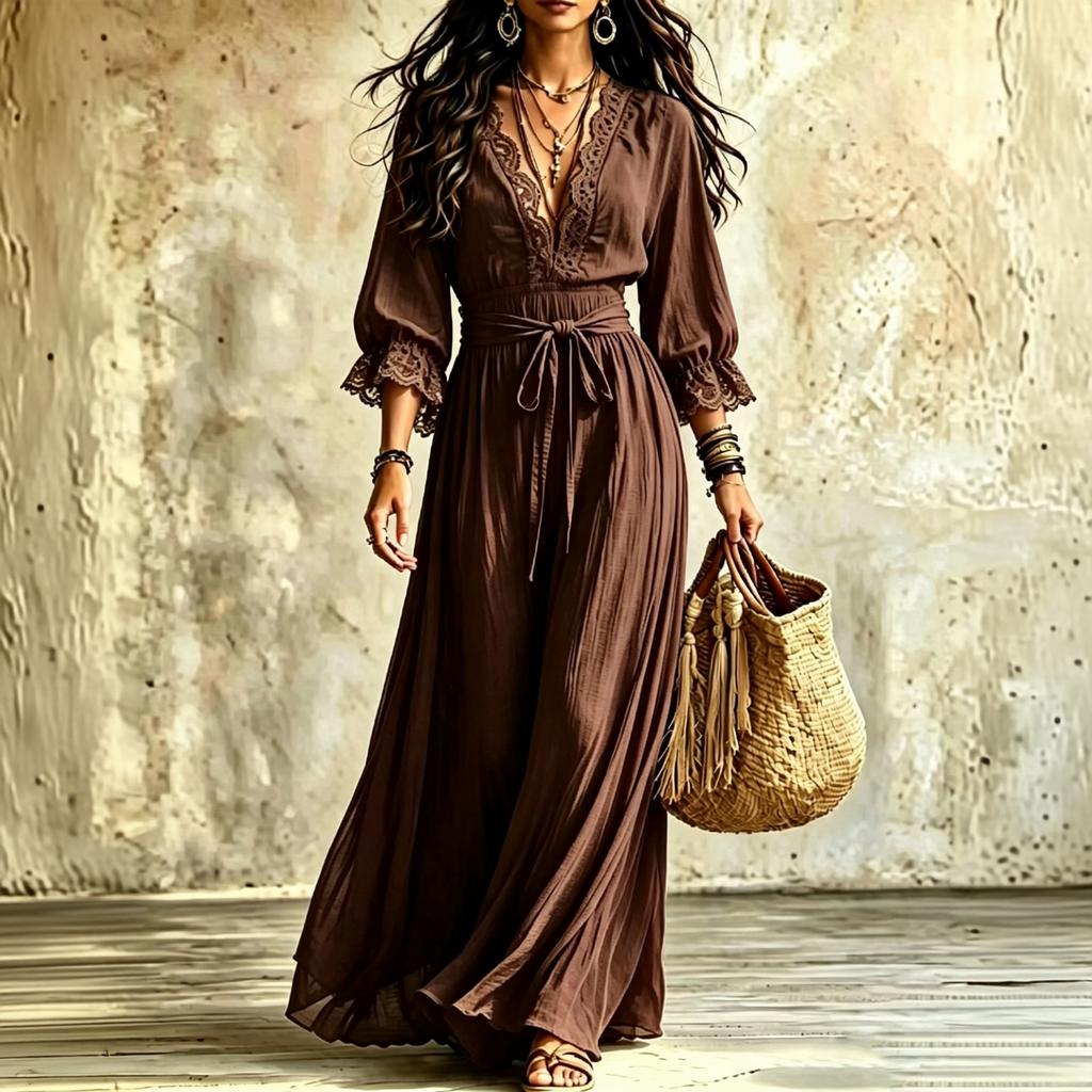 Women's Lace V-Neck Tie Waist Dress with 3/4 Bell Sleeves for Casual and Elegant Vacation