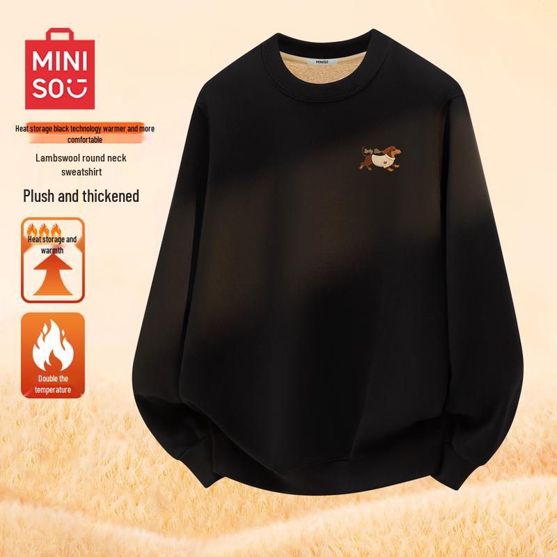 MINISO Men's Fleece-Lined Crew Neck Sweatshirt with Dachshund Logo