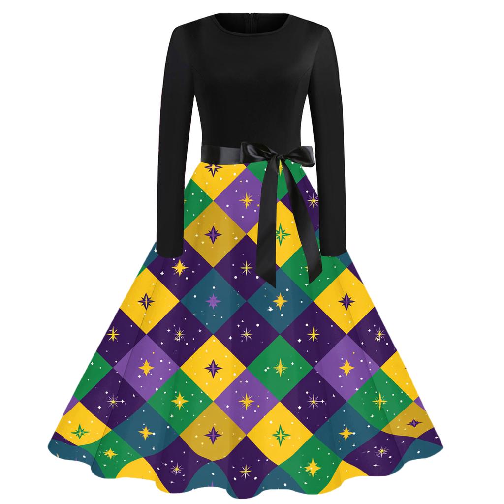 Damen Casual Mode Rundhals Karneval Bedrucktes Vintage Kleid