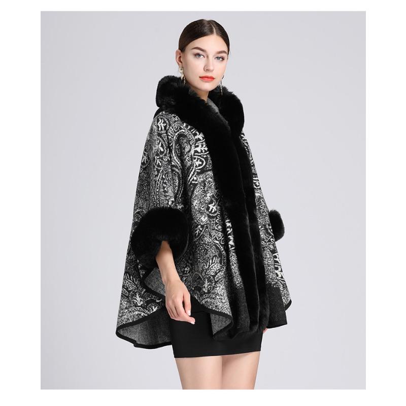 Winter Women Shawl Cape Fur Collar Jacquard Hood Plus Size Seven Point Sleeves Tweed Jacket Cardigan