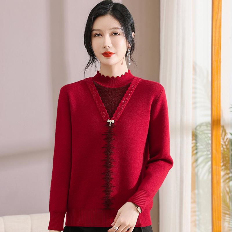 Autumn Winter Fleece Knit Top for Middle-Aged and Elderly Women - Thick Sweater Base Layer