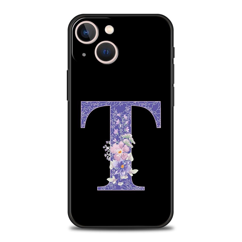 Letters Purple Flower Phone Case For iPhone 17 16 15 Pro Max 11 12 13 14 7 8 Plus SE 2020 X XR XS Cover Soft Black