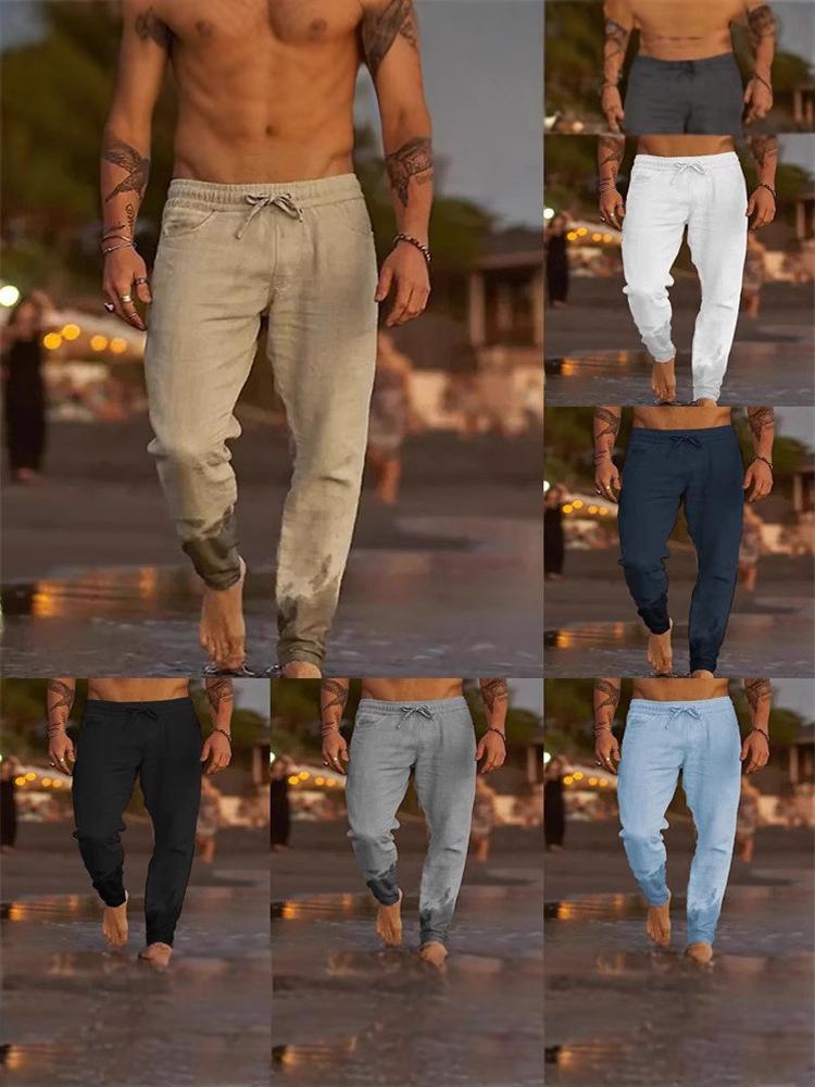 Men's Solid Color Drawstring Cotton Linen Casual Beach Pants - 2025 European Style