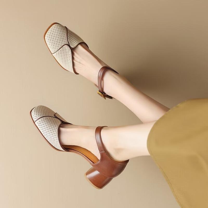 Fashion Spring New Baotou Sandals for Women Square Head Shallow Mouth Leather Air Hole with Soft Sole Non-slip Chunky Heels