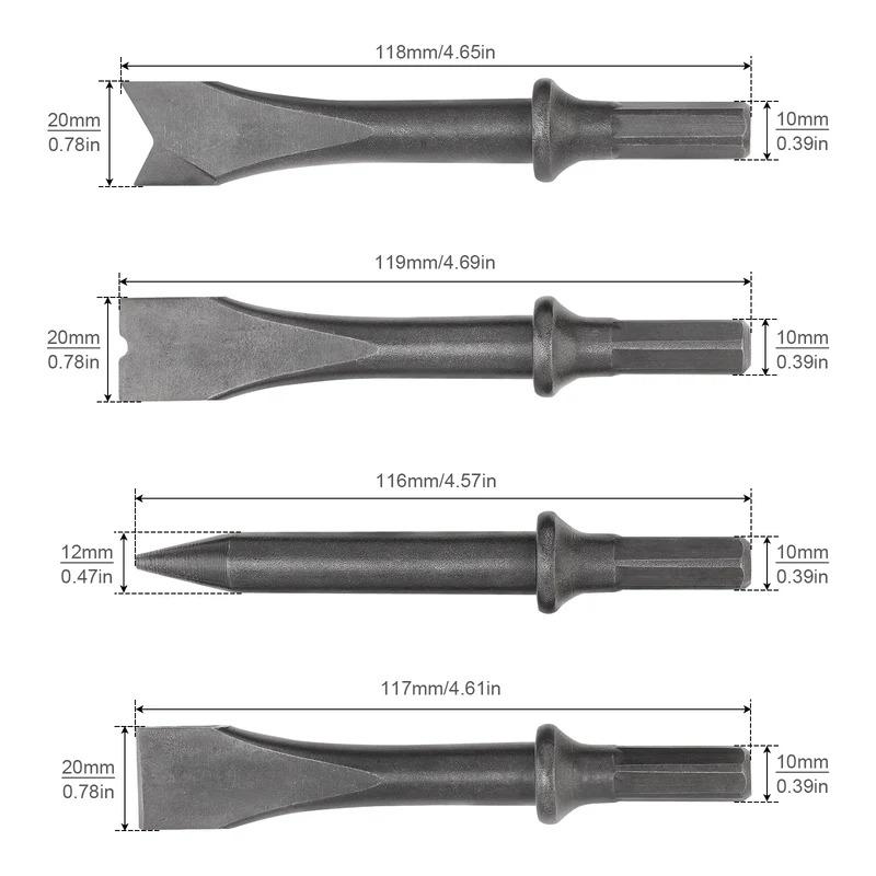 4pcs Air Hammer Chisel Set Hexagonal Shank Heavy Duty Air Impact Head for Rusting Removal Cutting Pneumatic Tools Accessories