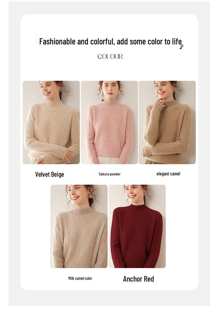 Retro Cable Knit Women's Cashmere High-Neck Pullover Sweater with Slimming Twist Pattern