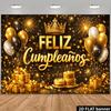 2D Flat Banner, Spanish Feliz Cumpleanos Backdrop, Golden Crowns, Balloons, Streamers