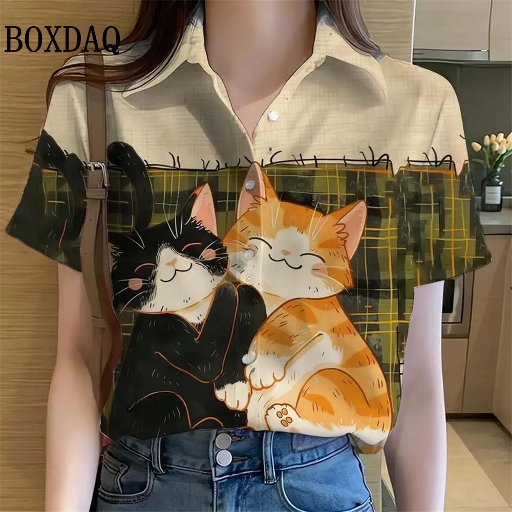 Womens Shirts Artistic Cute Cat Printed Casual Hawaiian Short Sleeve Button Beach Shirt Summer New Blouse Women's Clothes 2025