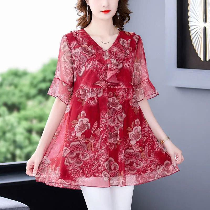 Big Size Short Sleeve Tops Women Summer Floral Loose Comfortable T-Shirt Casual Stretch V-Neck Tops