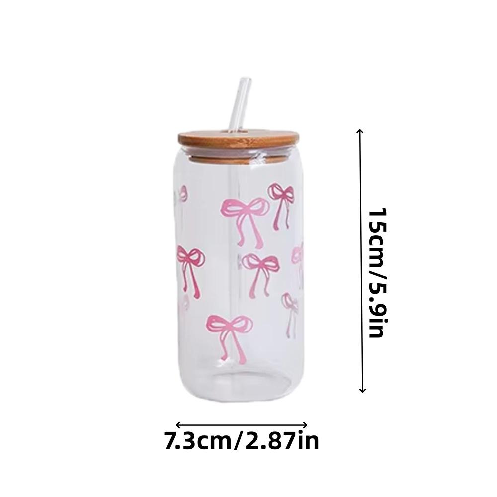 1/2pcs Pink Bow Glass Cup with Bamboo Wood Lid and Straw Reusable Bow Aesthetic Cup for Drinking Coffee Tea Milk Picnic Party