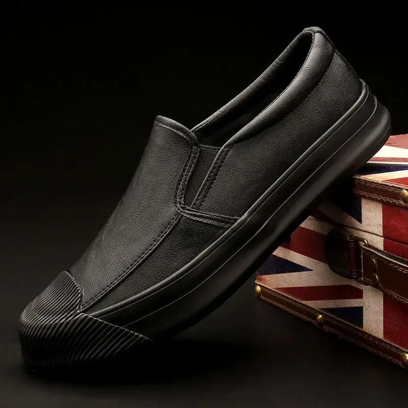 Fashion Man Casual Shoe Soft Solid Color Round Toe Leather Shoes for Men 2025 Trend Footwear Offer Pu Slip-on Legitimate New In Cowhide