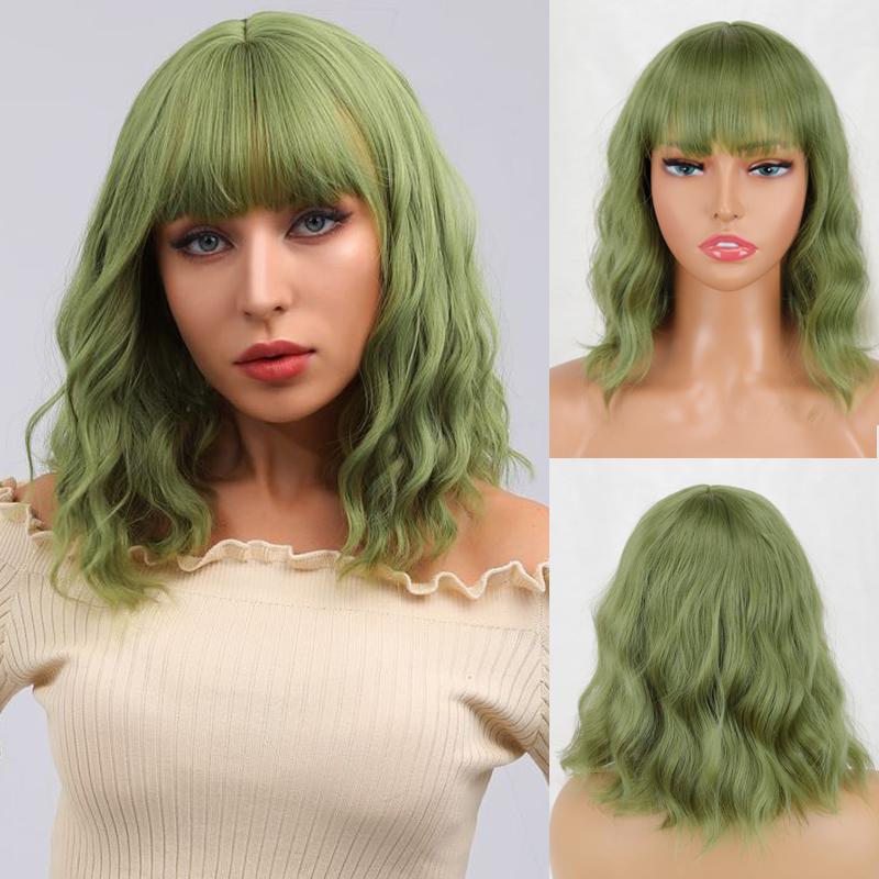 MERISIHAIR Women Short Bob Natural Wavy Pink Wig with Bangs Synthetic Fiber Short Water Wave Wig Daily Wear Cosplay